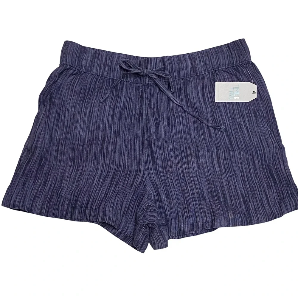 Time and Tru Women's Blue Striped Drawstring Waist Casual‎ Shorts Size MeD NWT